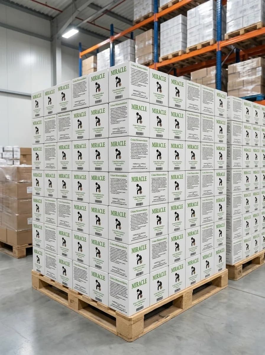 Pallet of Miracle cream cartons ready for wholesale export